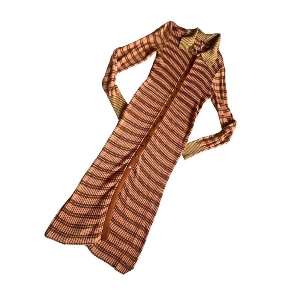 Free People ribbed knit striped midi dress fitted button-front collared dress